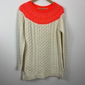 Boden Cream Cable Knit Tunic Sweater Neon Orange Yoke Neck Size UK10 US6
